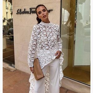 Pretty Garden White Flower Lace Cover Up High Neck Button Neck Dress Size XL NEW